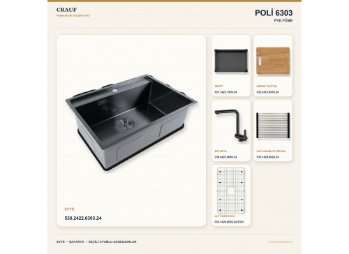 Crauf Poli 6303 PVD Füme 78×51 cm Evye + Pesce 4060 PVD Füme Batarya 6 Parça Premium Set