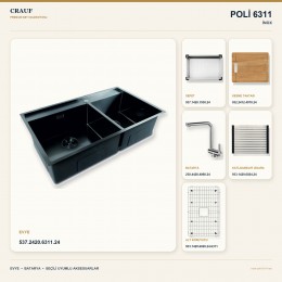 Crauf Poli 6311 İnox 86×51 cm Evye + Pesce 4060 Çelik Batarya 6 Parça Premium Set