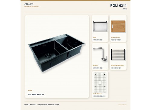 Crauf Poli 6311 İnox 86×51 cm Evye + Pesce 4060 Çelik Batarya 6 Parça Premium Set