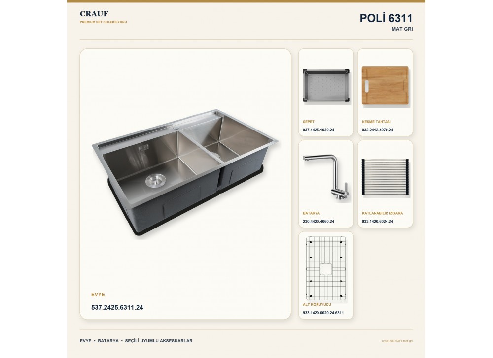 Crauf Poli 6311 Mat Gri 86×51 cm Evye + Pesce 4060 Çelik Batarya 6 Parça Set Crauf Poli 6311 Mat Gri 86×51 cm Evye + Pesce 4060 Çelik Batarya 6 Parça Set