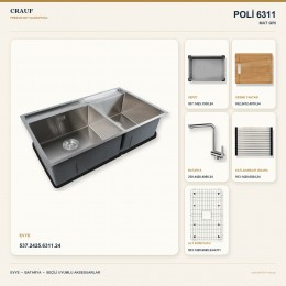 Crauf Poli 6311 Mat Gri 86×51 cm Evye + Pesce 4060 Çelik Batarya 6 Parça Set