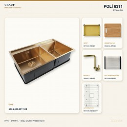 Crauf Poli 6311 PVD Altın 86×51 cm Evye + Pesce 4060 PVD Altın Batarya 6 Parça Premium Set