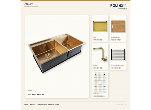 Crauf Poli 6311 PVD Altın 86×51 cm Evye + Pesce 4060 PVD Altın Batarya 6 Parça Premium Set
