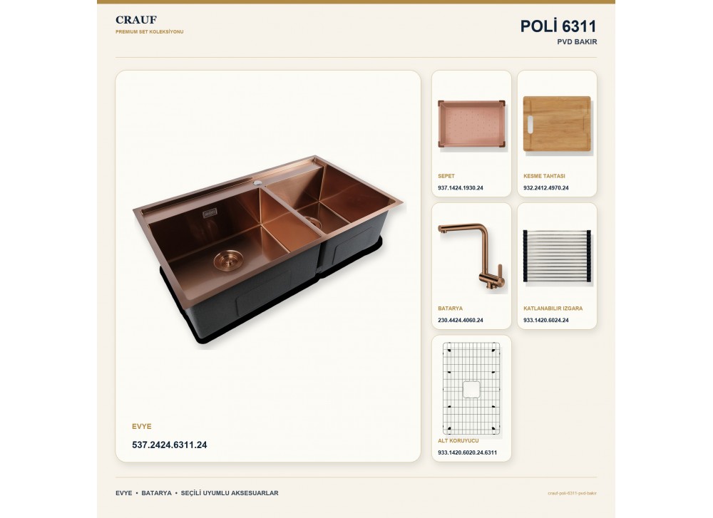 Crauf Poli 6311 PVD Bakır 86×51 cm Evye + Pesce 4060 PVD Bakır Batarya 6 Parça Premium Set Crauf Poli 6311 PVD Bakır 86×51 cm Evye + Pesce 4060 PVD Bakır Batarya 6 Parça Premium Set