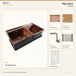 Crauf Poli 6311 PVD Bakır 86×51 cm Evye + Pesce 4060 PVD Bakır Batarya 6 Parça Premium Set
