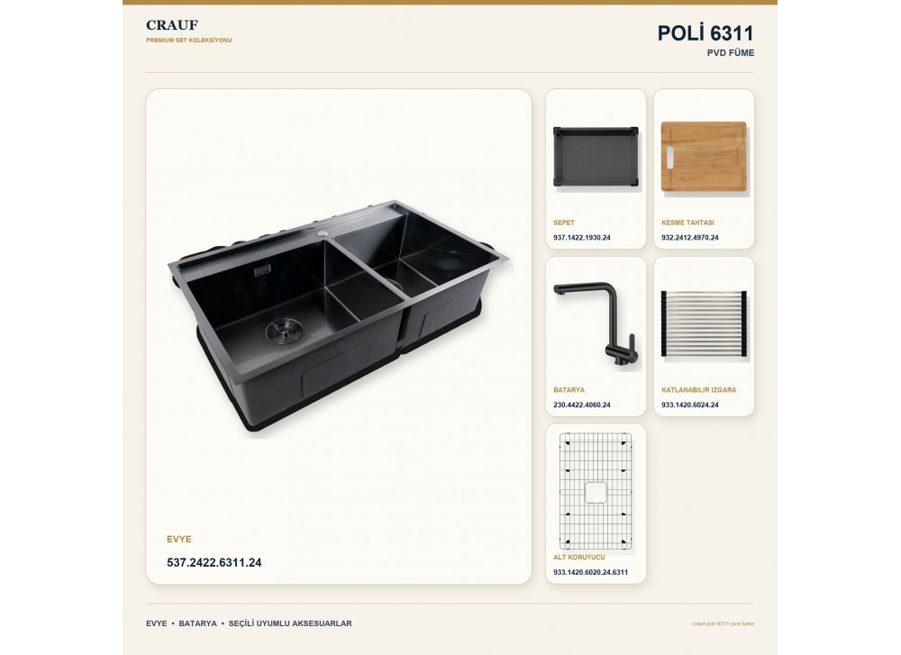 Crauf Poli 6311 PVD Füme 86×51 cm Evye + Pesce 4060 PVD Füme Batarya 6 Parça Premium Set Crauf Poli 6311 PVD Füme 86×51 cm Evye + Pesce 4060 PVD Füme Batarya 6 Parça Premium Set