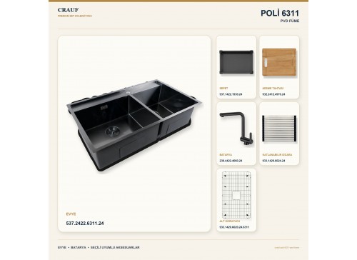 Crauf Poli 6311 PVD Füme 86×51 cm Evye + Pesce 4060 PVD Füme Batarya 6 Parça Premium Set