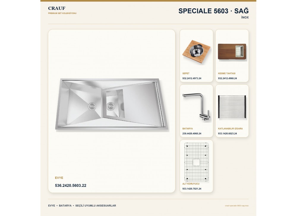 Crauf Speciale 5603 Sağ İnox 100×50 cm Evye + Pesce 4060 Çelik Batarya 6 Parça Premium Set Crauf Speciale 5603 Sağ İnox 100×50 cm Evye + Pesce 4060 Çelik Batarya 6 Parça Premium Set