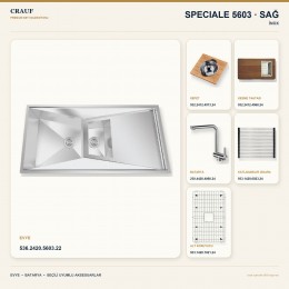 Crauf Speciale 5603 Sağ İnox 100×50 cm Evye + Pesce 4060 Çelik Batarya 6 Parça Premium Set