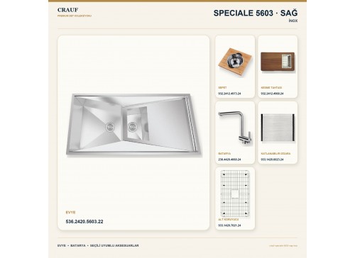 Crauf Speciale 5603 Sağ İnox 100×50 cm Evye + Pesce 4060 Çelik Batarya 6 Parça Premium Set