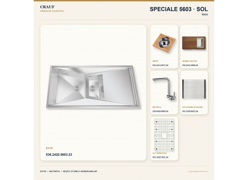 Crauf Speciale 5603 Sol İnox 100×50 cm Evye + Pesce 4060 Çelik Batarya 6 Parça Premium Set