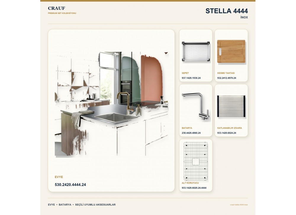 Crauf Stella 4444 İnox 44×44 cm Evye + Pesce 4060 Çelik Batarya 6 Parça Premium Set Crauf Stella 4444 İnox 44×44 cm Evye + Pesce 4060 Çelik Batarya 6 Parça Premium Set