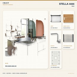 Crauf Stella 4444 İnox 44×44 cm Evye + Pesce 4060 Çelik Batarya 6 Parça Premium Set