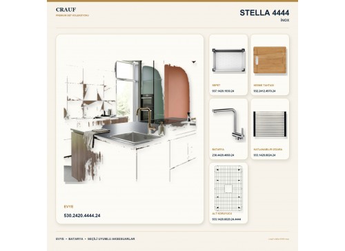 Crauf Stella 4444 İnox 44×44 cm Evye + Pesce 4060 Çelik Batarya 6 Parça Premium Set