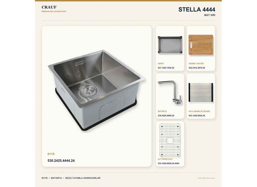 Crauf Stella 4444 Mat Gri 44×44 cm Evye + Pesce 4060 Çelik Batarya 6 Parça Set Crauf Stella 4444 Mat Gri 44×44 cm Evye + Pesce 4060 Çelik Batarya 6 Parça Set