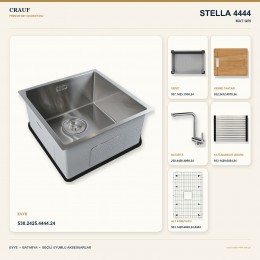Crauf Stella 4444 Mat Gri 44×44 cm Evye + Pesce 4060 Çelik Batarya 6 Parça Set