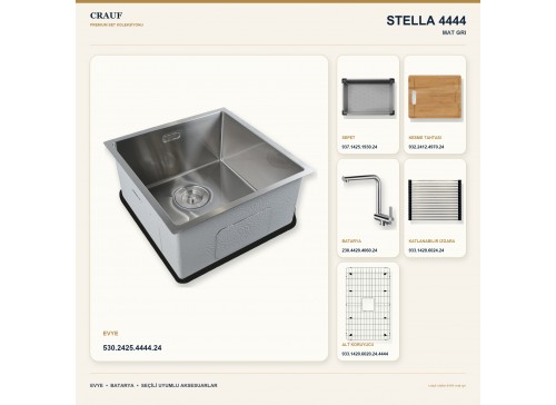 Crauf Stella 4444 Mat Gri 44×44 cm Evye + Pesce 4060 Çelik Batarya 6 Parça Set