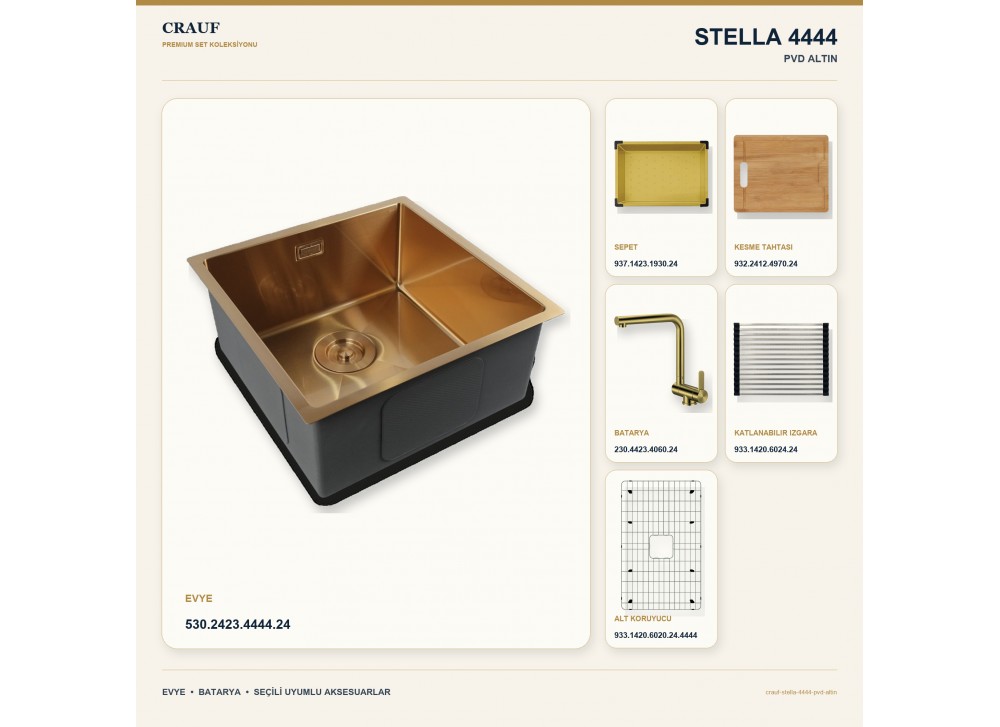 Crauf Stella 4444 PVD Altın 44×44 cm Evye + Pesce 4060 PVD Altın Batarya 6 Parça Premium Set Crauf Stella 4444 PVD Altın 44×44 cm Evye + Pesce 4060 PVD Altın Batarya 6 Parça Premium Set
