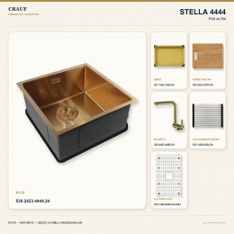 Crauf Stella 4444 PVD Altın 44×44 cm Evye + Pesce 4060 PVD Altın Batarya 6 Parça Premium Set