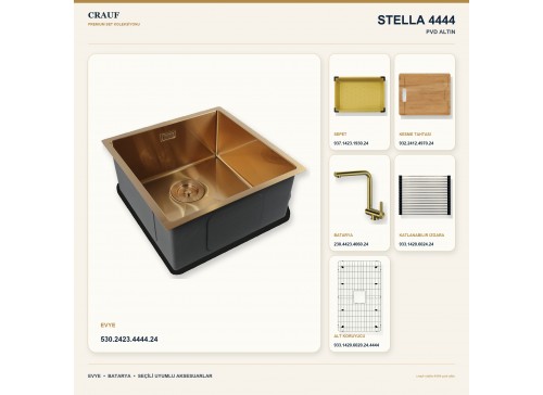 Crauf Stella 4444 PVD Altın 44×44 cm Evye + Pesce 4060 PVD Altın Batarya 6 Parça Premium Set