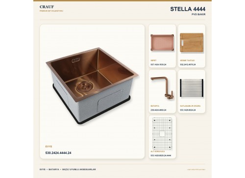 Crauf Stella 4444 PVD Bakır 44×44 cm Evye + Pesce 4060 PVD Bakır Batarya 6 Parça Premium Set