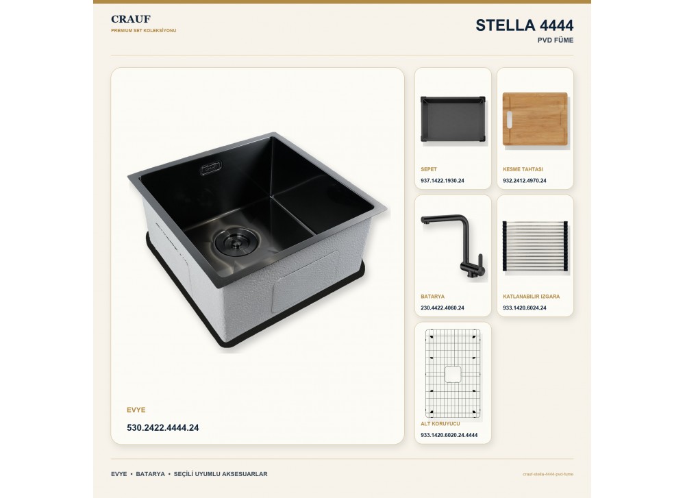 Crauf Stella 4444 PVD Füme 44×44 cm Evye + Pesce 4060 PVD Füme Batarya 6 Parça Premium Set Crauf Stella 4444 PVD Füme 44×44 cm Evye + Pesce 4060 PVD Füme Batarya 6 Parça Premium Set