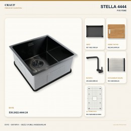 Crauf Stella 4444 PVD Füme 44×44 cm Evye + Pesce 4060 PVD Füme Batarya 6 Parça Premium Set