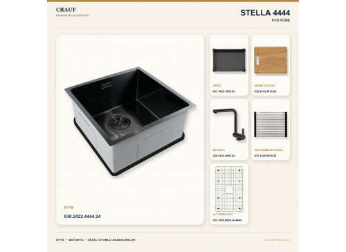 Crauf Stella 4444 PVD Füme 44×44 cm Evye + Pesce 4060 PVD Füme Batarya 6 Parça Premium Set