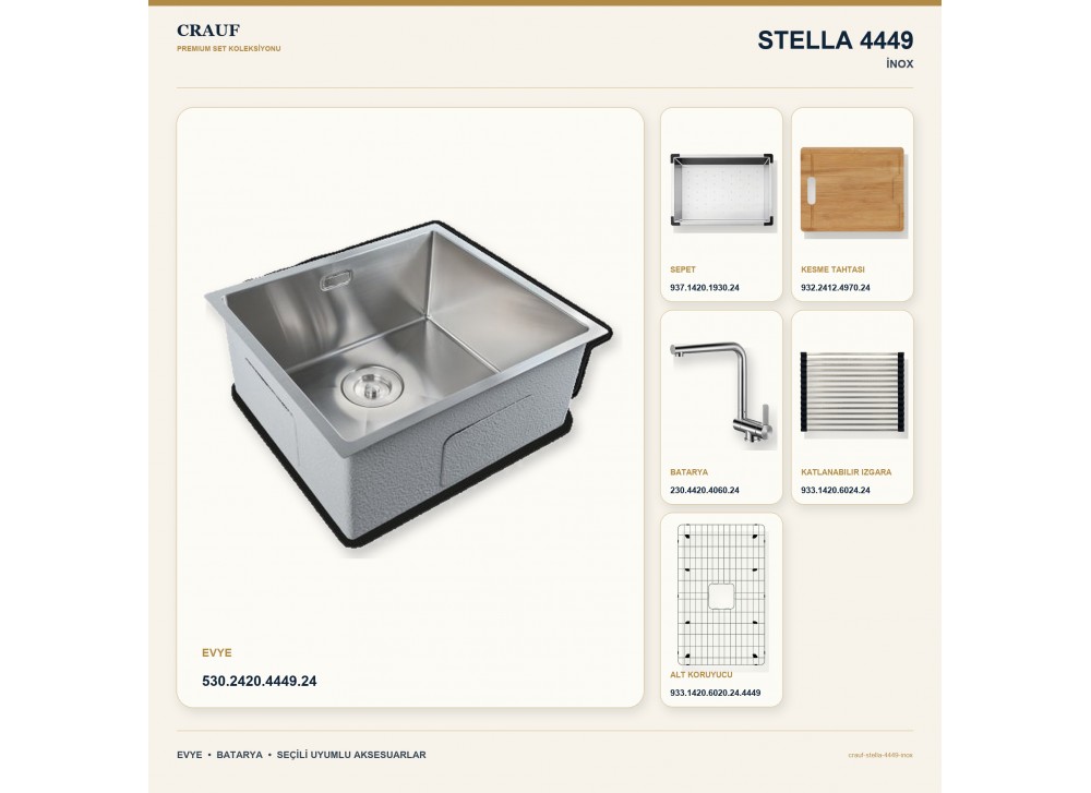 Crauf Stella 4449 İnox 49×44 cm Evye + Pesce 4060 Çelik Batarya 6 Parça Premium Set Crauf Stella 4449 İnox 49×44 cm Evye + Pesce 4060 Çelik Batarya 6 Parça Premium Set