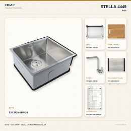 Crauf Stella 4449 İnox 49×44 cm Evye + Pesce 4060 Çelik Batarya 6 Parça Premium Set