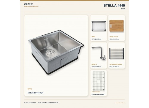Crauf Stella 4449 İnox 49×44 cm Evye + Pesce 4060 Çelik Batarya 6 Parça Premium Set