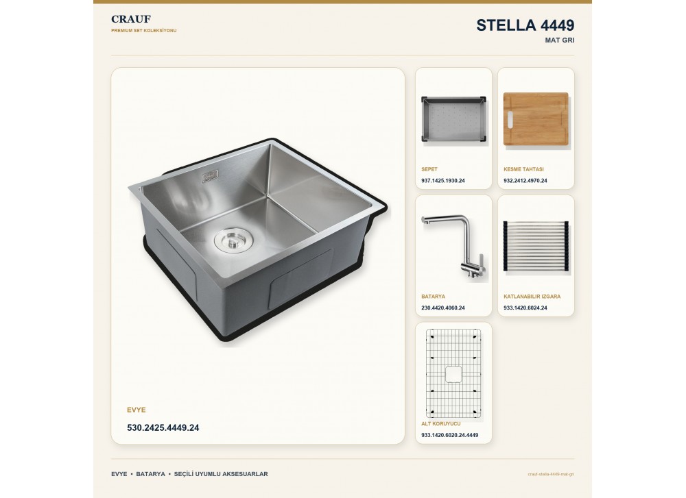 Crauf Stella 4449 Mat Gri 49×44 cm Evye + Pesce 4060 Çelik Batarya 6 Parça Set Crauf Stella 4449 Mat Gri 49×44 cm Evye + Pesce 4060 Çelik Batarya 6 Parça Set