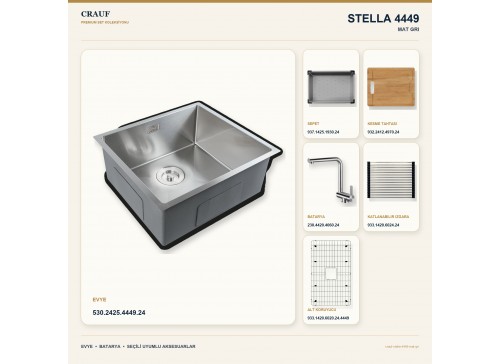 Crauf Stella 4449 Mat Gri 49×44 cm Evye + Pesce 4060 Çelik Batarya 6 Parça Set