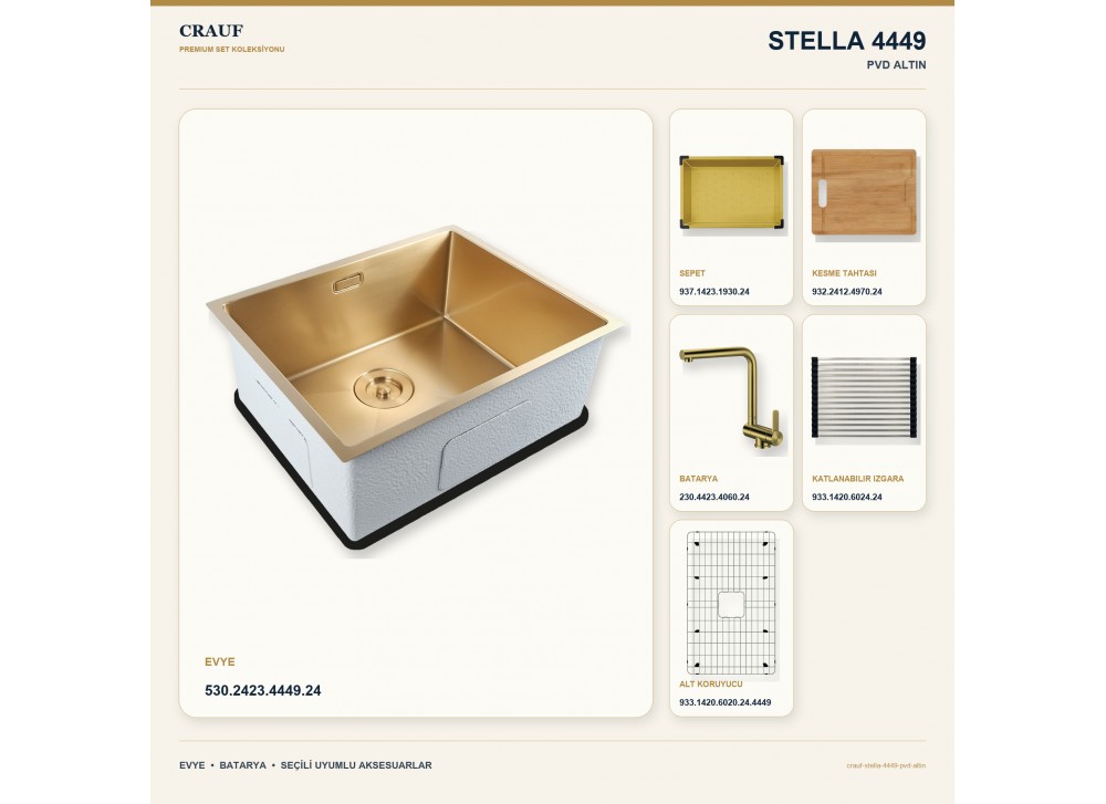 Crauf Stella 4449 PVD Altın 49×44 cm Evye + Pesce 4060 PVD Altın Batarya 6 Parça Premium Set Crauf Stella 4449 PVD Altın 49×44 cm Evye + Pesce 4060 PVD Altın Batarya 6 Parça Premium Set