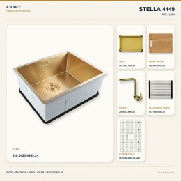 Crauf Stella 4449 PVD Altın 49×44 cm Evye + Pesce 4060 PVD Altın Batarya 6 Parça Premium Set
