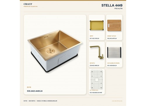 Crauf Stella 4449 PVD Altın 49×44 cm Evye + Pesce 4060 PVD Altın Batarya 6 Parça Premium Set