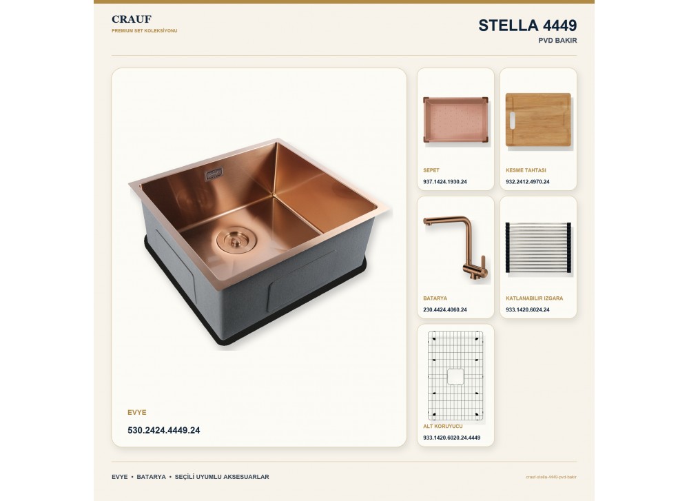 Crauf Stella 4449 PVD Bakır 49×44 cm Evye + Pesce 4060 PVD Bakır Batarya 6 Parça Premium Set Crauf Stella 4449 PVD Bakır 49×44 cm Evye + Pesce 4060 PVD Bakır Batarya 6 Parça Premium Set