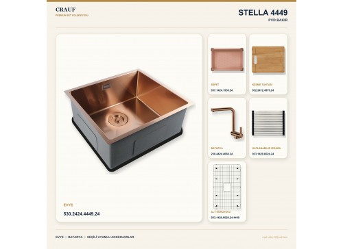 Crauf Stella 4449 PVD Bakır 49×44 cm Evye + Pesce 4060 PVD Bakır Batarya 6 Parça Premium Set