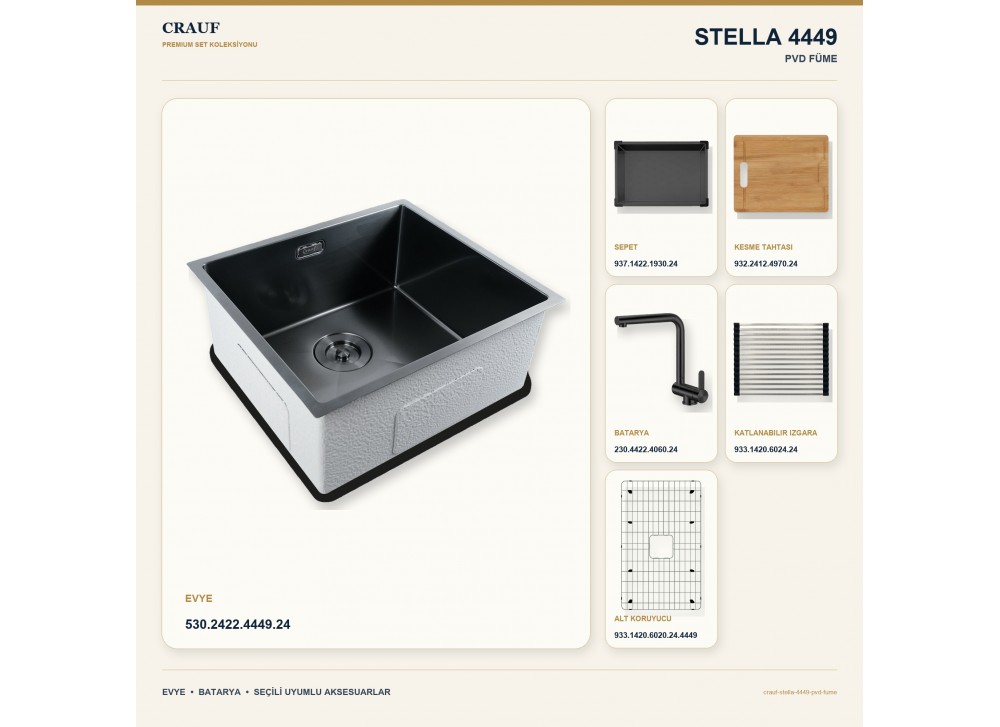 Crauf Stella 4449 PVD Füme 49×44 cm Evye + Pesce 4060 PVD Füme Batarya 6 Parça Premium Set Crauf Stella 4449 PVD Füme 49×44 cm Evye + Pesce 4060 PVD Füme Batarya 6 Parça Premium Set