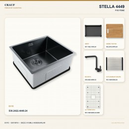 Crauf Stella 4449 PVD Füme 49×44 cm Evye + Pesce 4060 PVD Füme Batarya 6 Parça Premium Set