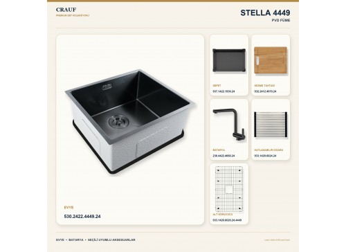 Crauf Stella 4449 PVD Füme 49×44 cm Evye + Pesce 4060 PVD Füme Batarya 6 Parça Premium Set