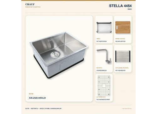 Crauf Stella 4454 İnox 54×44 cm Evye + Pesce 4060 Çelik Batarya 6 Parça Premium Set