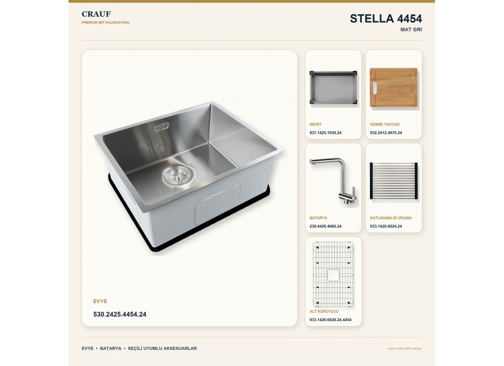 Crauf Stella 4454 Mat Gri 54×44 cm Evye + Pesce 4060 Çelik Batarya 6 Parça Set Crauf Stella 4454 Mat Gri 54×44 cm Evye + Pesce 4060 Çelik Batarya 6 Parça Set