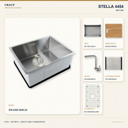 Crauf Stella 4454 Mat Gri 54×44 cm Evye + Pesce 4060 Çelik Batarya 6 Parça Set