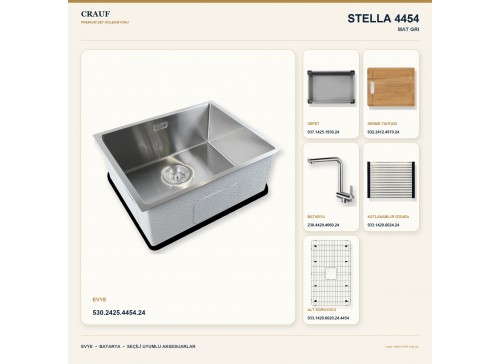 Crauf Stella 4454 Mat Gri 54×44 cm Evye + Pesce 4060 Çelik Batarya 6 Parça Set