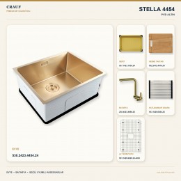 Crauf Stella 4454 PVD Altın 54×44 cm Evye + Pesce 4060 PVD Altın Batarya 6 Parça Premium Set