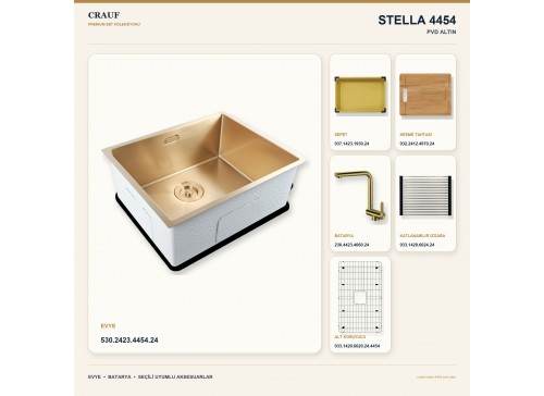 Crauf Stella 4454 PVD Altın 54×44 cm Evye + Pesce 4060 PVD Altın Batarya 6 Parça Premium Set