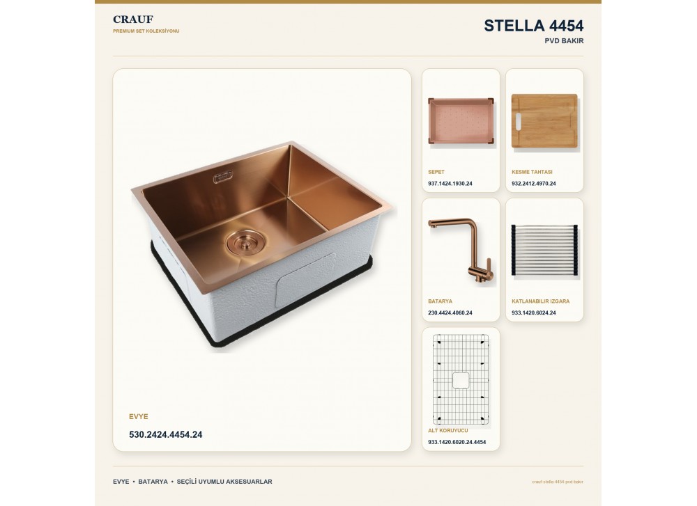 Crauf Stella 4454 PVD Bakır 54×44 cm Evye + Pesce 4060 PVD Bakır Batarya 6 Parça Premium Set Crauf Stella 4454 PVD Bakır 54×44 cm Evye + Pesce 4060 PVD Bakır Batarya 6 Parça Premium Set