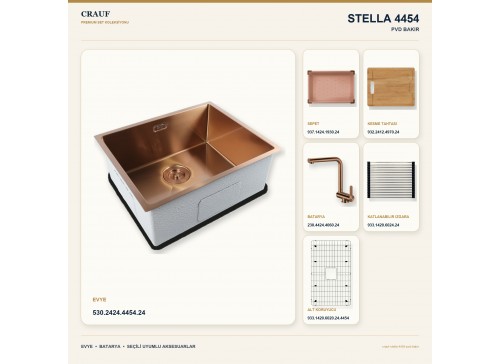 Crauf Stella 4454 PVD Bakır 54×44 cm Evye + Pesce 4060 PVD Bakır Batarya 6 Parça Premium Set