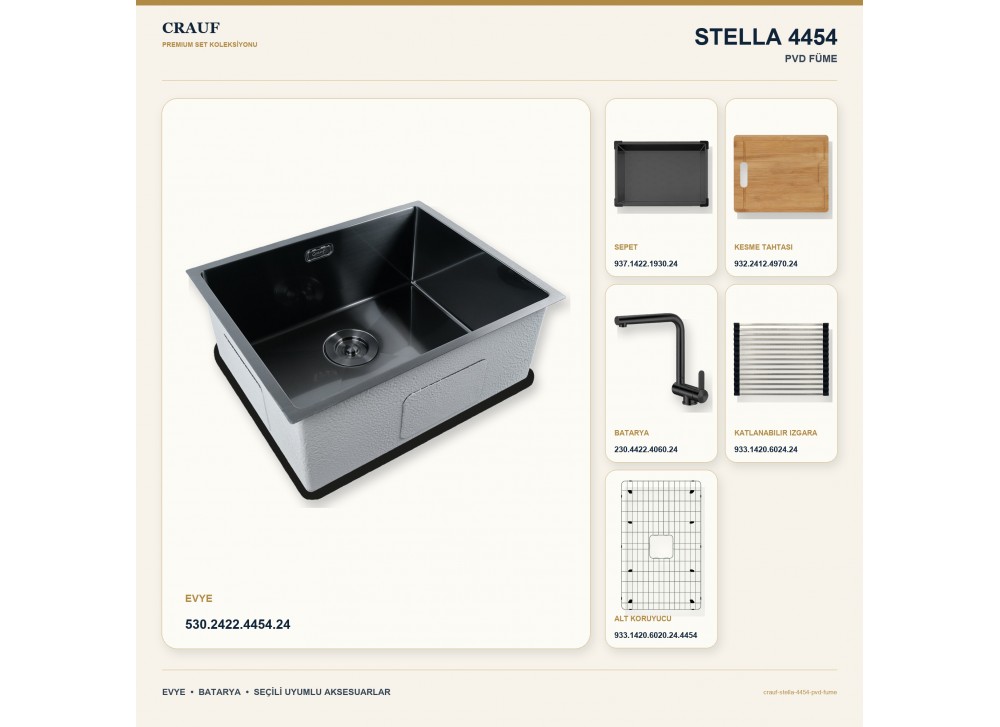 Crauf Stella 4454 PVD Füme 54×44 cm Evye + Pesce 4060 PVD Füme Batarya 6 Parça Premium Set Crauf Stella 4454 PVD Füme 54×44 cm Evye + Pesce 4060 PVD Füme Batarya 6 Parça Premium Set